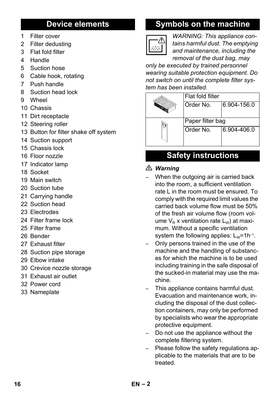 Device elements symbols on the machine, Safety instructions | Karcher NT 14-1 Ap Te Adv L User Manual | Page 16 / 248