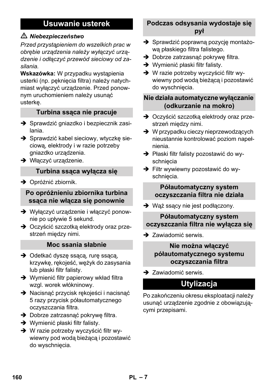 Usuwanie usterek, Utylizacja | Karcher NT 14-1 Ap Te Adv L User Manual | Page 160 / 248