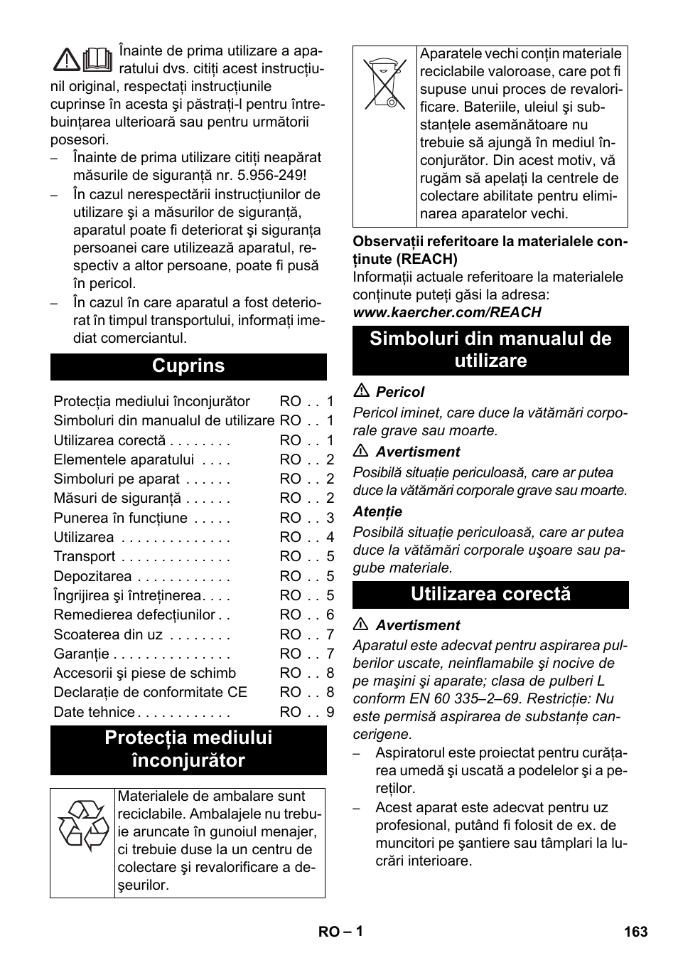 Româneşte, Cuprins, Protecţia mediului înconjurător | Karcher NT 14-1 Ap Te Adv L User Manual | Page 163 / 248