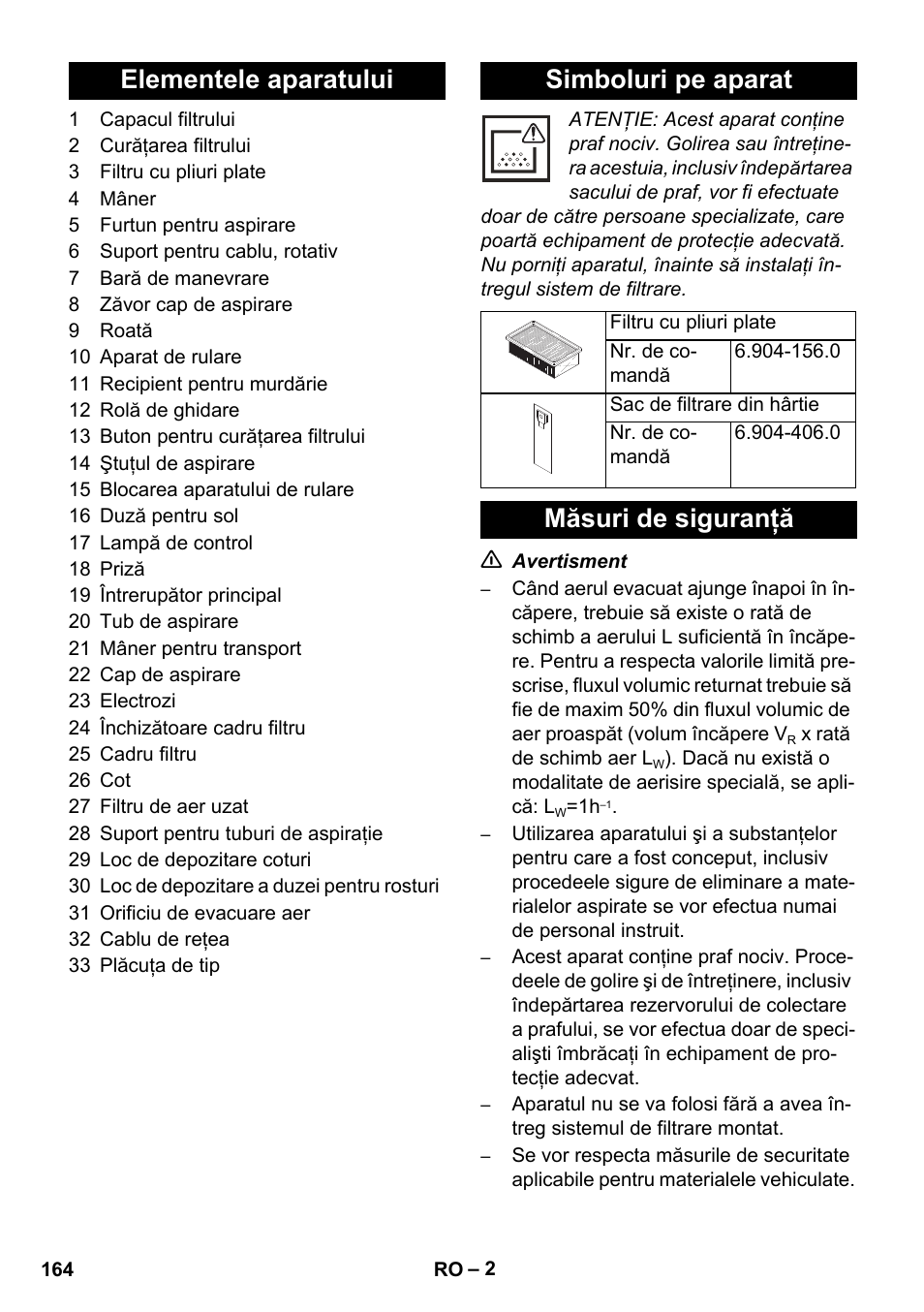 Elementele aparatului simboluri pe aparat, Măsuri de siguranţă | Karcher NT 14-1 Ap Te Adv L User Manual | Page 164 / 248