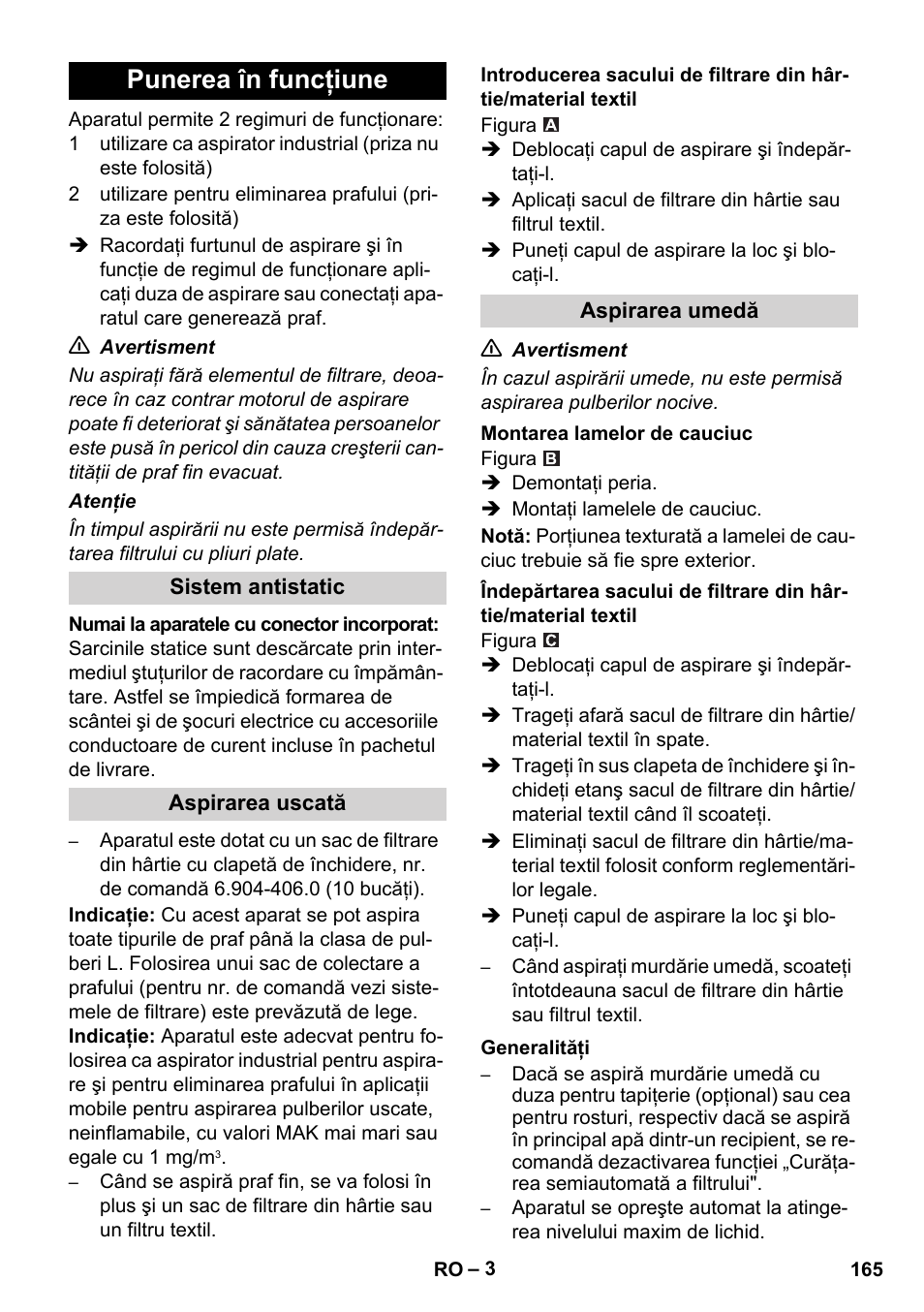 Punerea în funcţiune | Karcher NT 14-1 Ap Te Adv L User Manual | Page 165 / 248