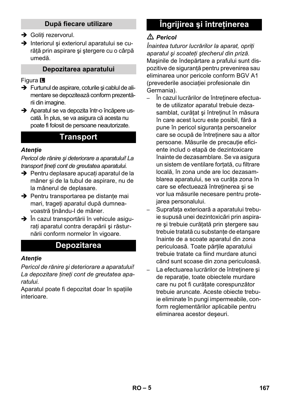 Transport depozitarea îngrijirea şi întreţinerea | Karcher NT 14-1 Ap Te Adv L User Manual | Page 167 / 248