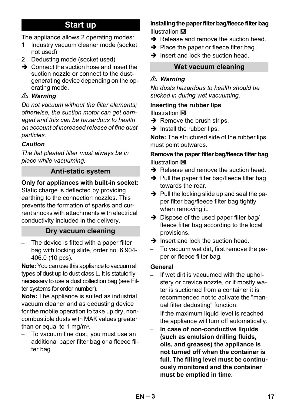 Start up | Karcher NT 14-1 Ap Te Adv L User Manual | Page 17 / 248