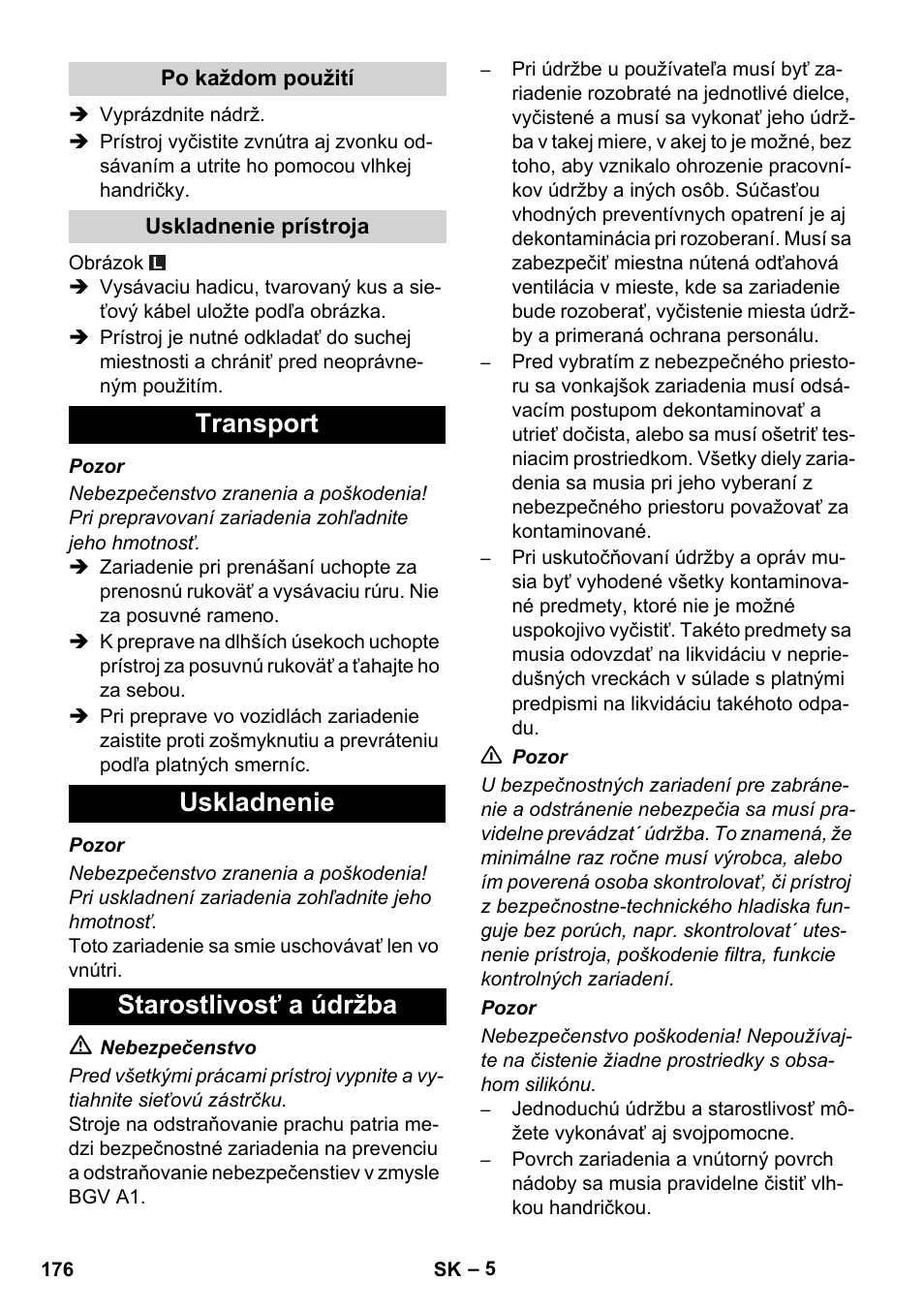 Transport uskladnenie starostlivosť a údržba | Karcher NT 14-1 Ap Te Adv L User Manual | Page 176 / 248