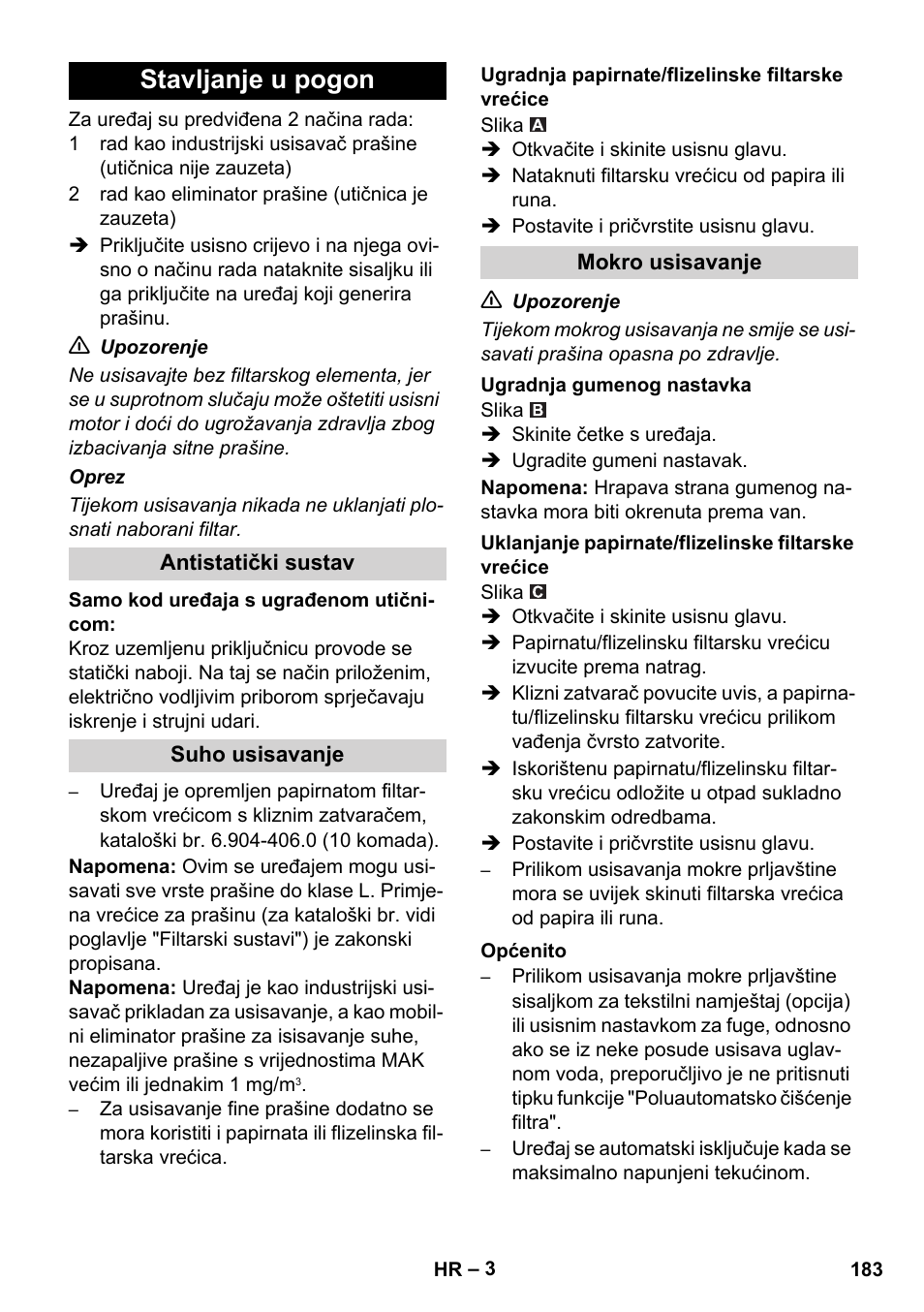 Stavljanje u pogon | Karcher NT 14-1 Ap Te Adv L User Manual | Page 183 / 248