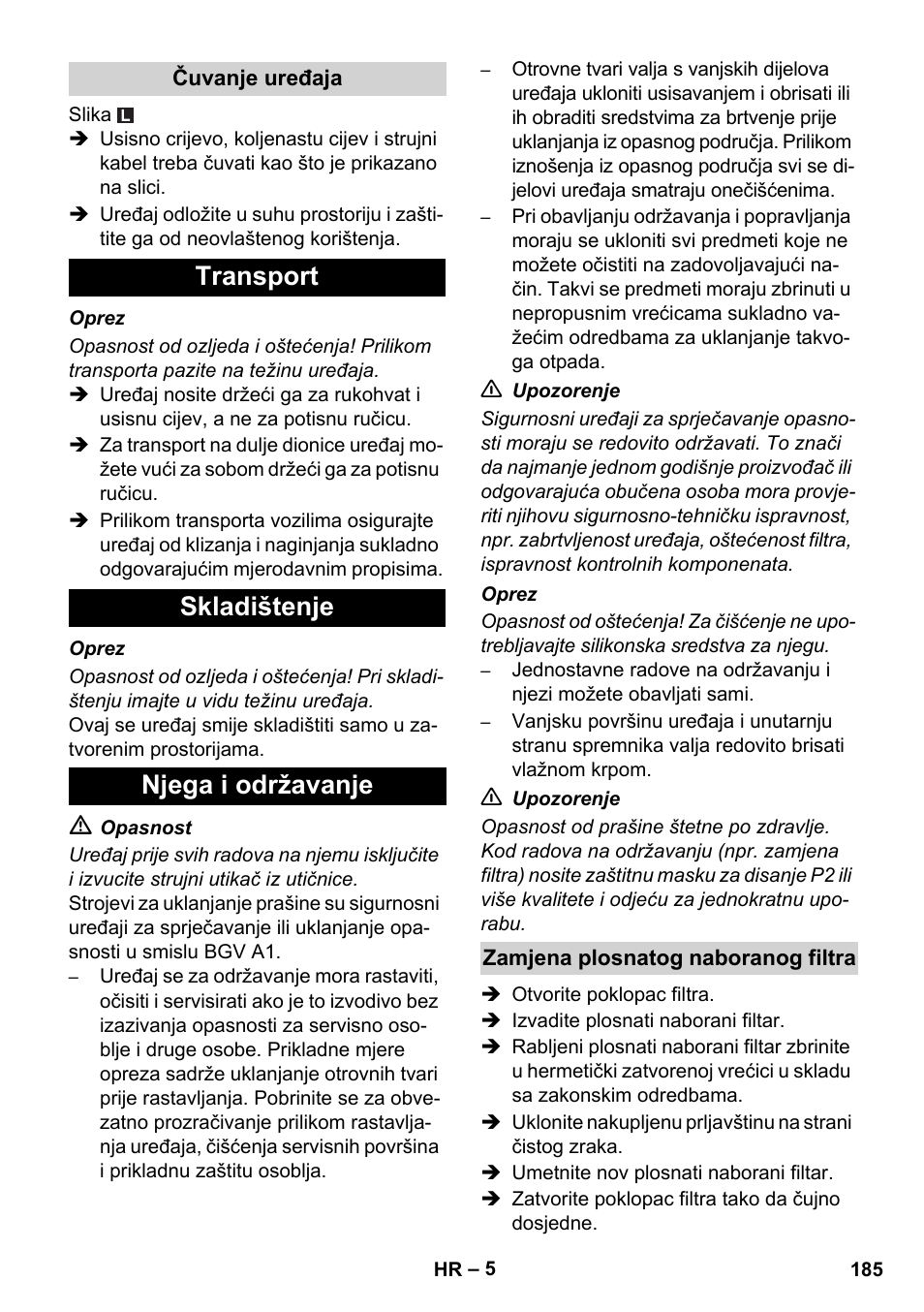 Transport skladištenje njega i održavanje | Karcher NT 14-1 Ap Te Adv L User Manual | Page 185 / 248