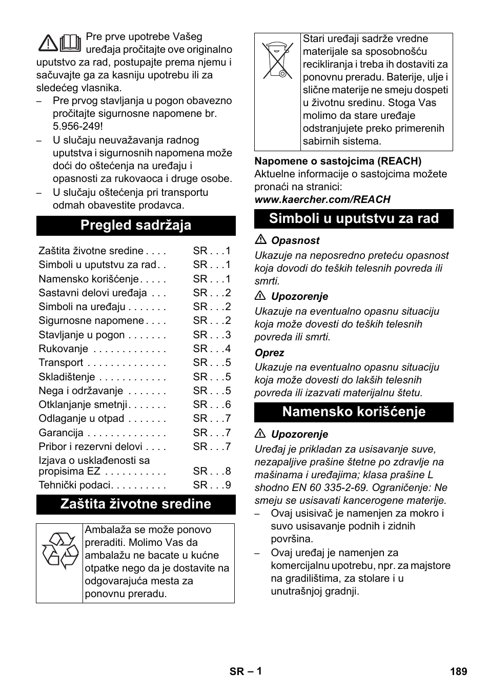 Srpski, Pregled sadržaja, Zaštita životne sredine | Simboli u uputstvu za rad namensko korišćenje | Karcher NT 14-1 Ap Te Adv L User Manual | Page 189 / 248