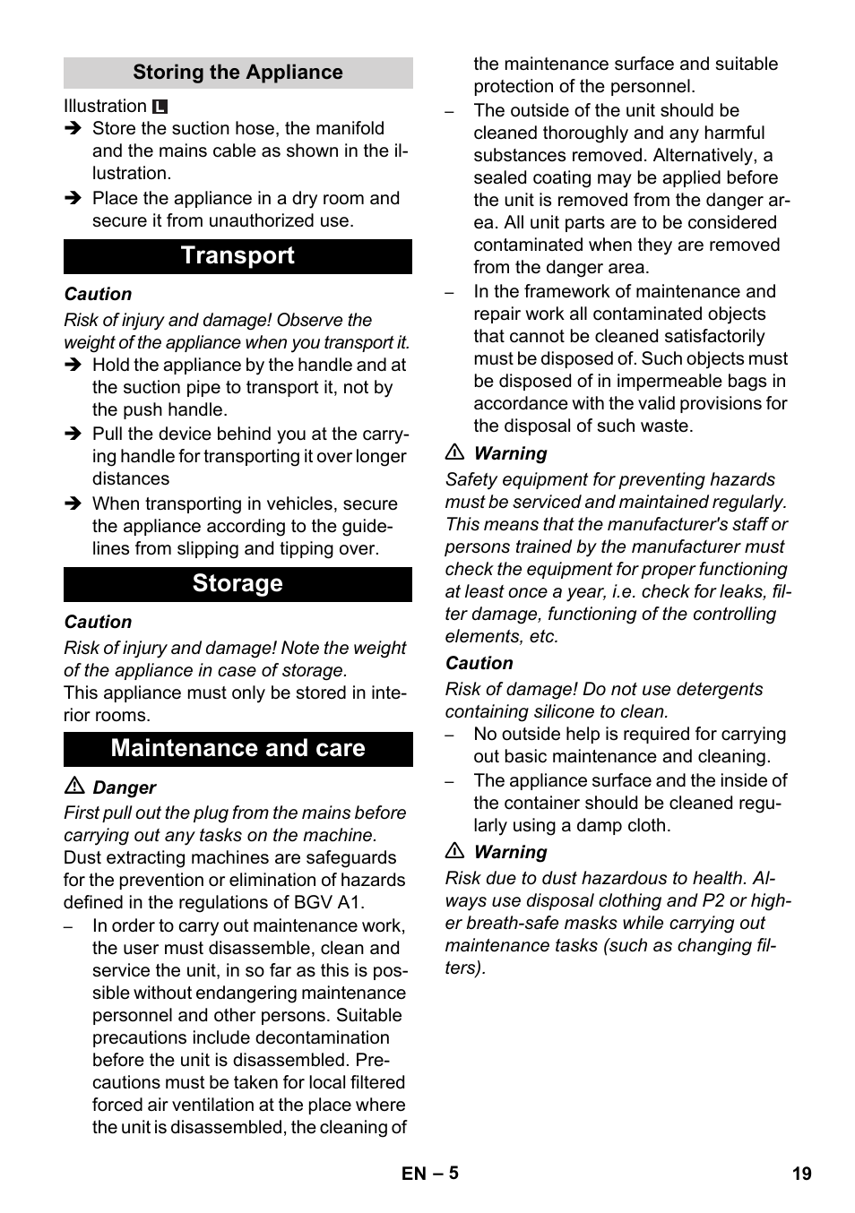 Transport storage maintenance and care | Karcher NT 14-1 Ap Te Adv L User Manual | Page 19 / 248