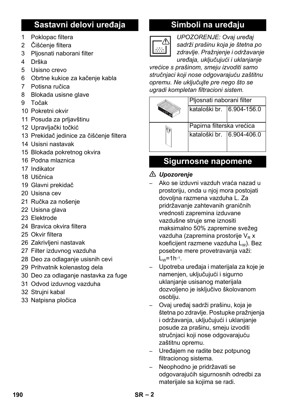 Sastavni delovi uređaja simboli na uređaju, Sigurnosne napomene | Karcher NT 14-1 Ap Te Adv L User Manual | Page 190 / 248