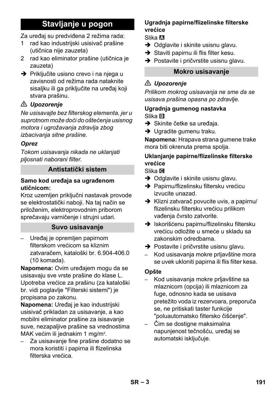 Stavljanje u pogon | Karcher NT 14-1 Ap Te Adv L User Manual | Page 191 / 248