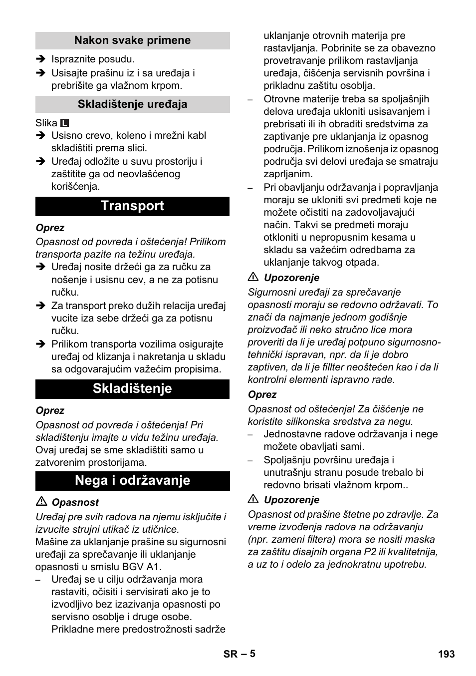 Transport skladištenje nega i održavanje | Karcher NT 14-1 Ap Te Adv L User Manual | Page 193 / 248