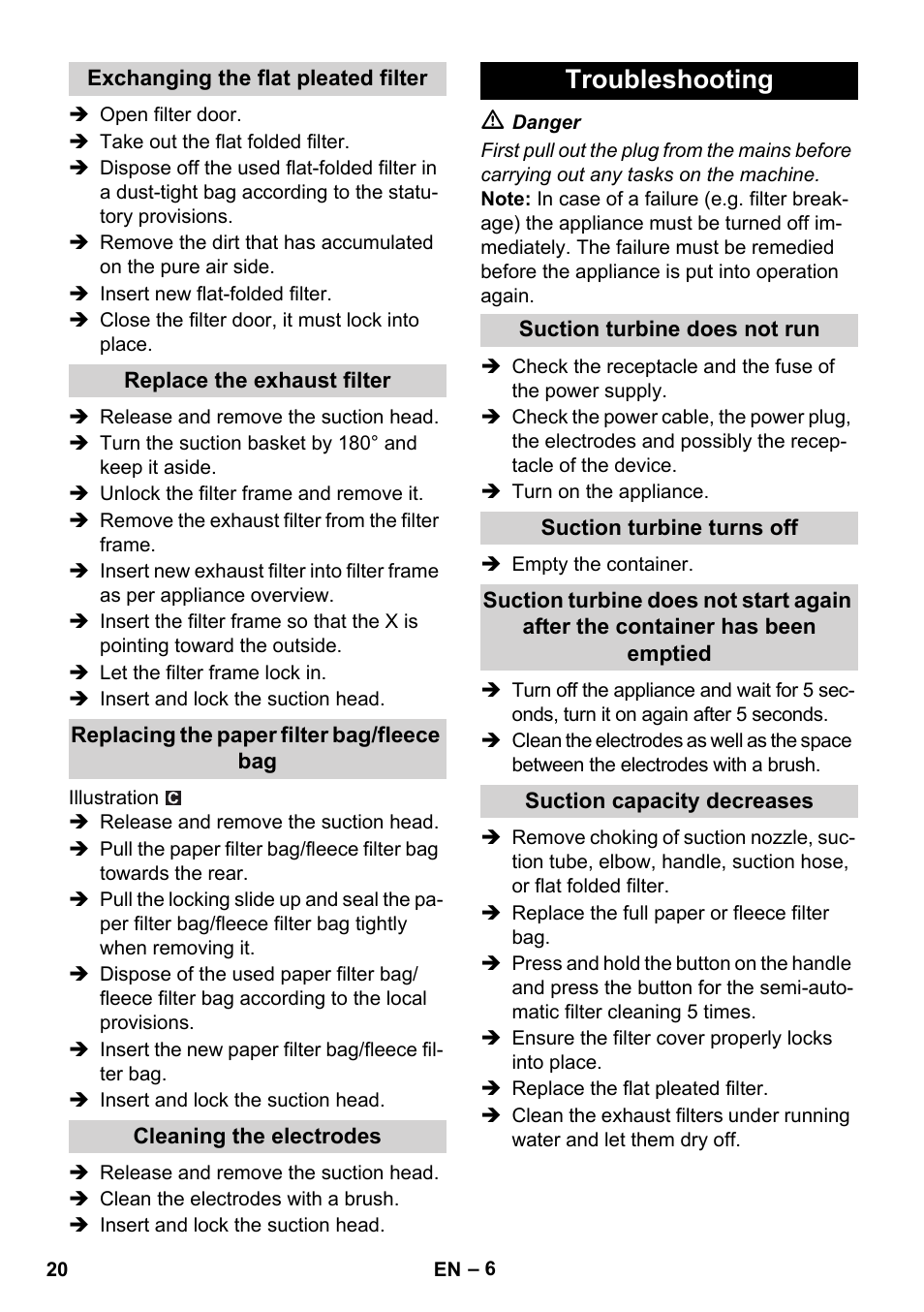 Troubleshooting | Karcher NT 14-1 Ap Te Adv L User Manual | Page 20 / 248