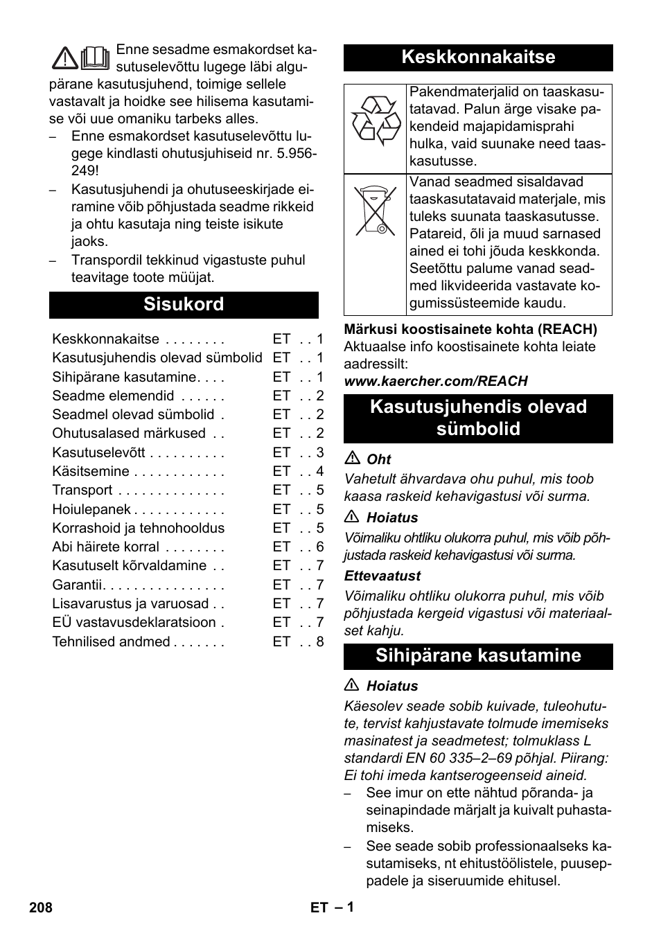 Eesti, Sisukord, Keskkonnakaitse | Karcher NT 14-1 Ap Te Adv L User Manual | Page 208 / 248