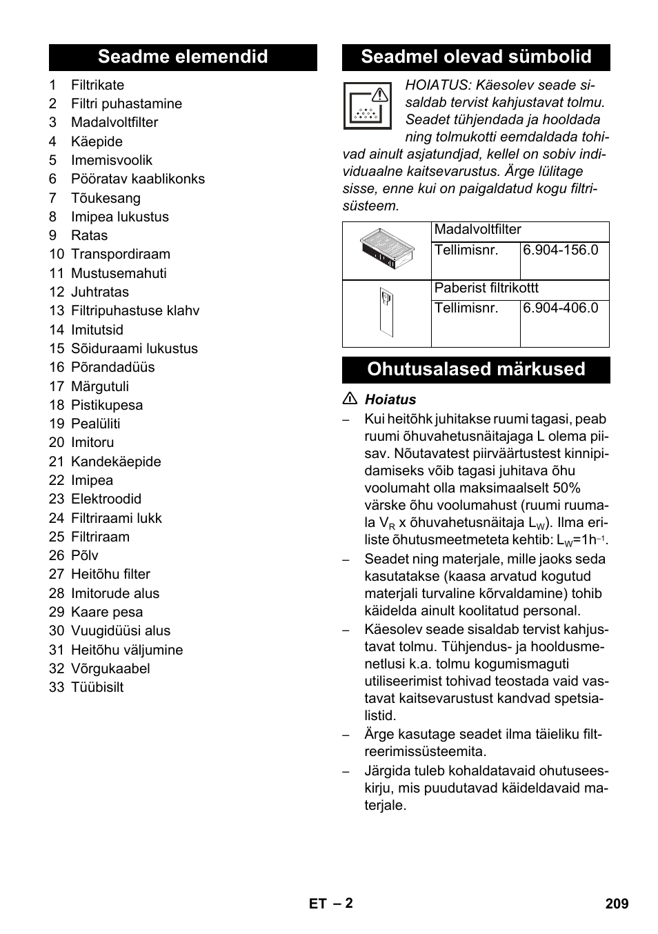 Seadme elemendid seadmel olevad sümbolid, Ohutusalased märkused | Karcher NT 14-1 Ap Te Adv L User Manual | Page 209 / 248