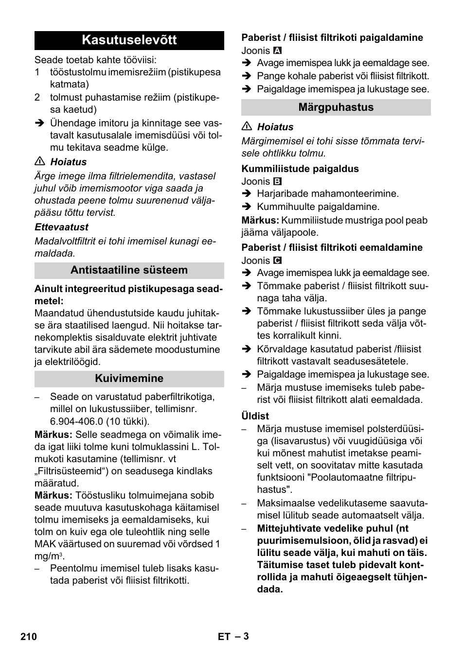 Kasutuselevõtt | Karcher NT 14-1 Ap Te Adv L User Manual | Page 210 / 248