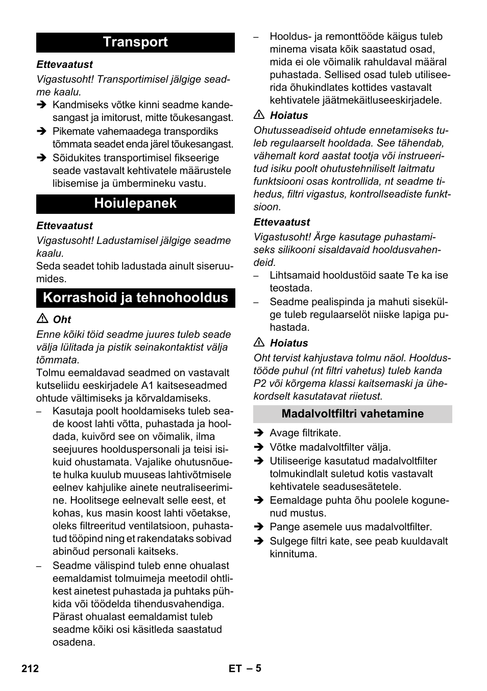Transport hoiulepanek korrashoid ja tehnohooldus | Karcher NT 14-1 Ap Te Adv L User Manual | Page 212 / 248