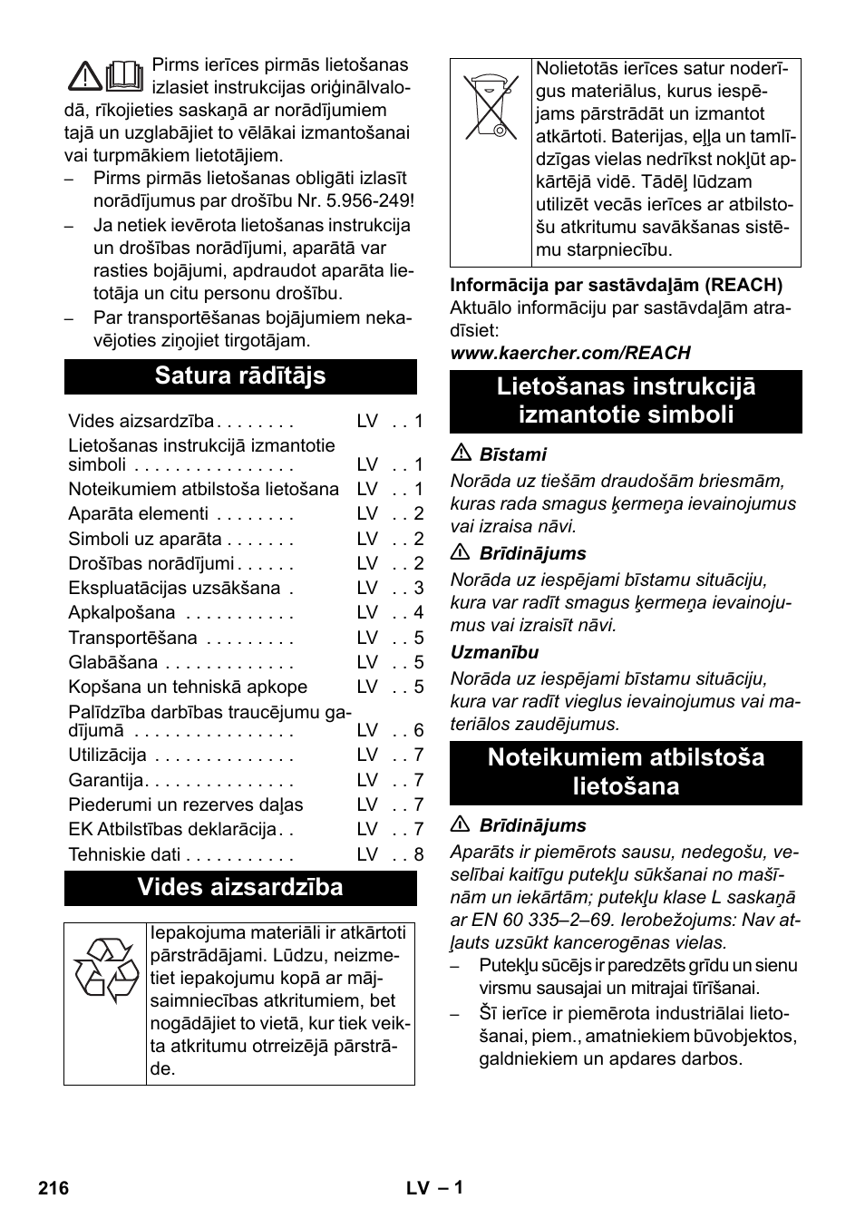 Latviešu, Satura rādītājs, Vides aizsardzība | Karcher NT 14-1 Ap Te Adv L User Manual | Page 216 / 248