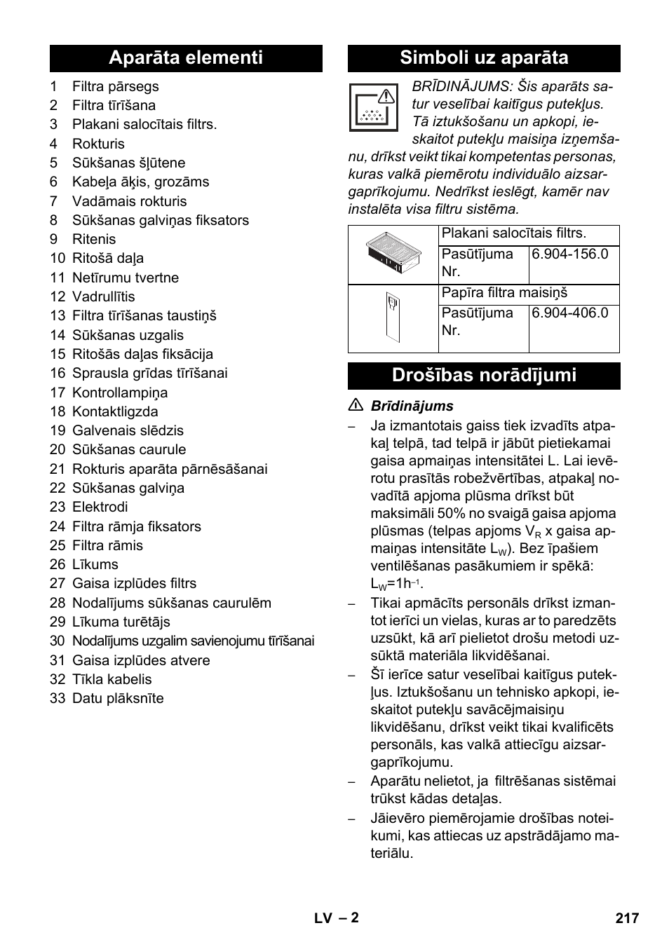 Aparāta elementi simboli uz aparāta, Drošības norādījumi | Karcher NT 14-1 Ap Te Adv L User Manual | Page 217 / 248