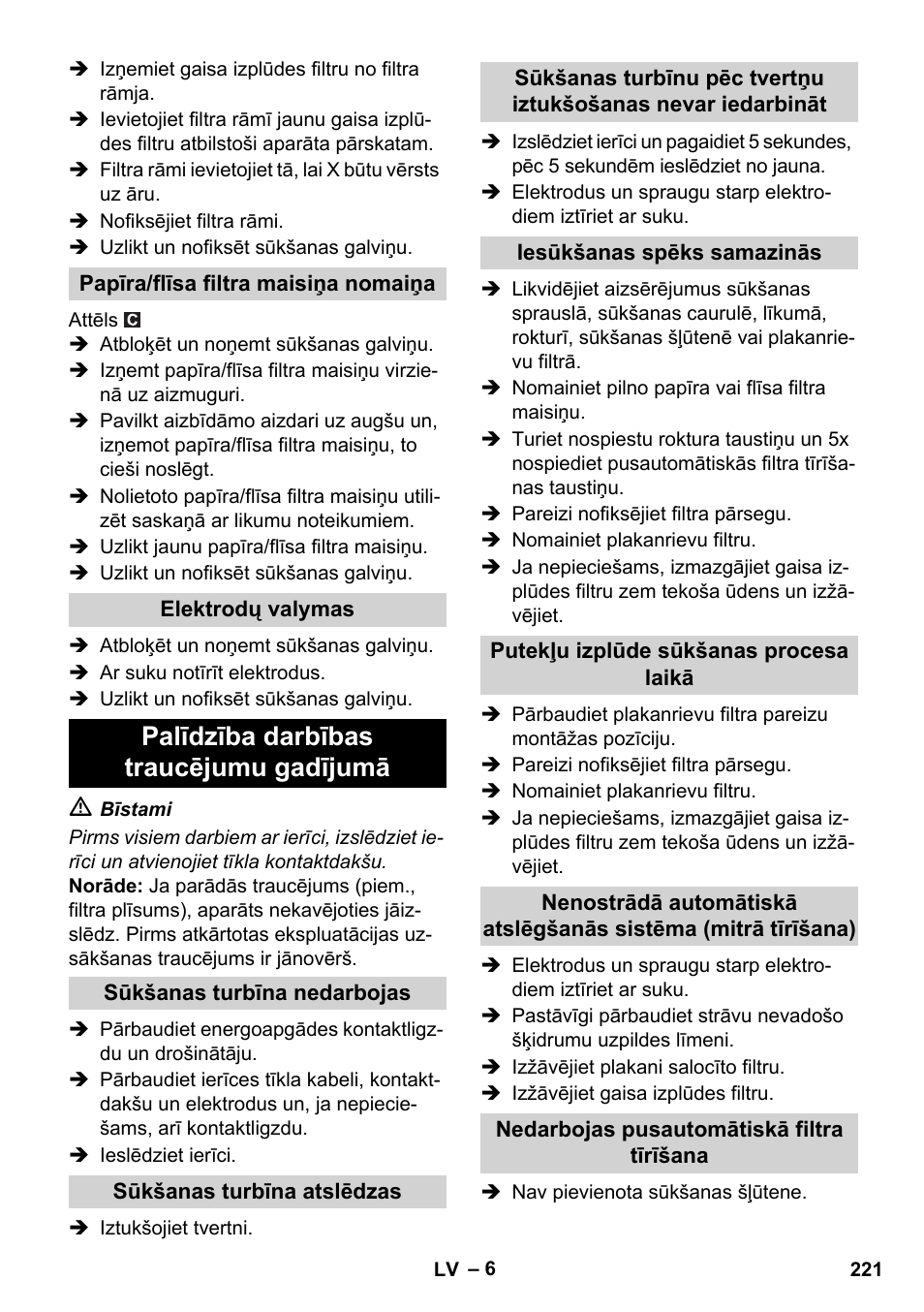 Palīdzība darbības traucējumu gadījumā | Karcher NT 14-1 Ap Te Adv L User Manual | Page 221 / 248