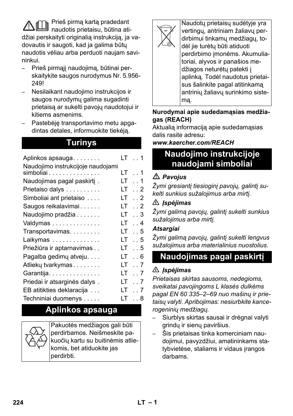 Lietuviškai, Turinys, Aplinkos apsauga | Karcher NT 14-1 Ap Te Adv L User Manual | Page 224 / 248