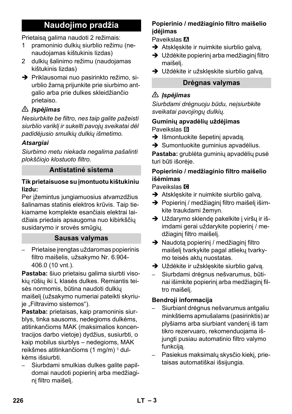 Naudojimo pradžia | Karcher NT 14-1 Ap Te Adv L User Manual | Page 226 / 248