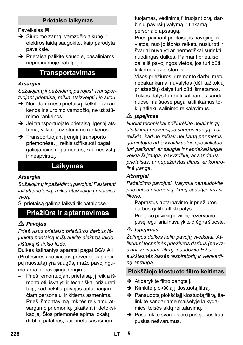 Transportavimas laikymas priežiūra ir aptarnavimas | Karcher NT 14-1 Ap Te Adv L User Manual | Page 228 / 248