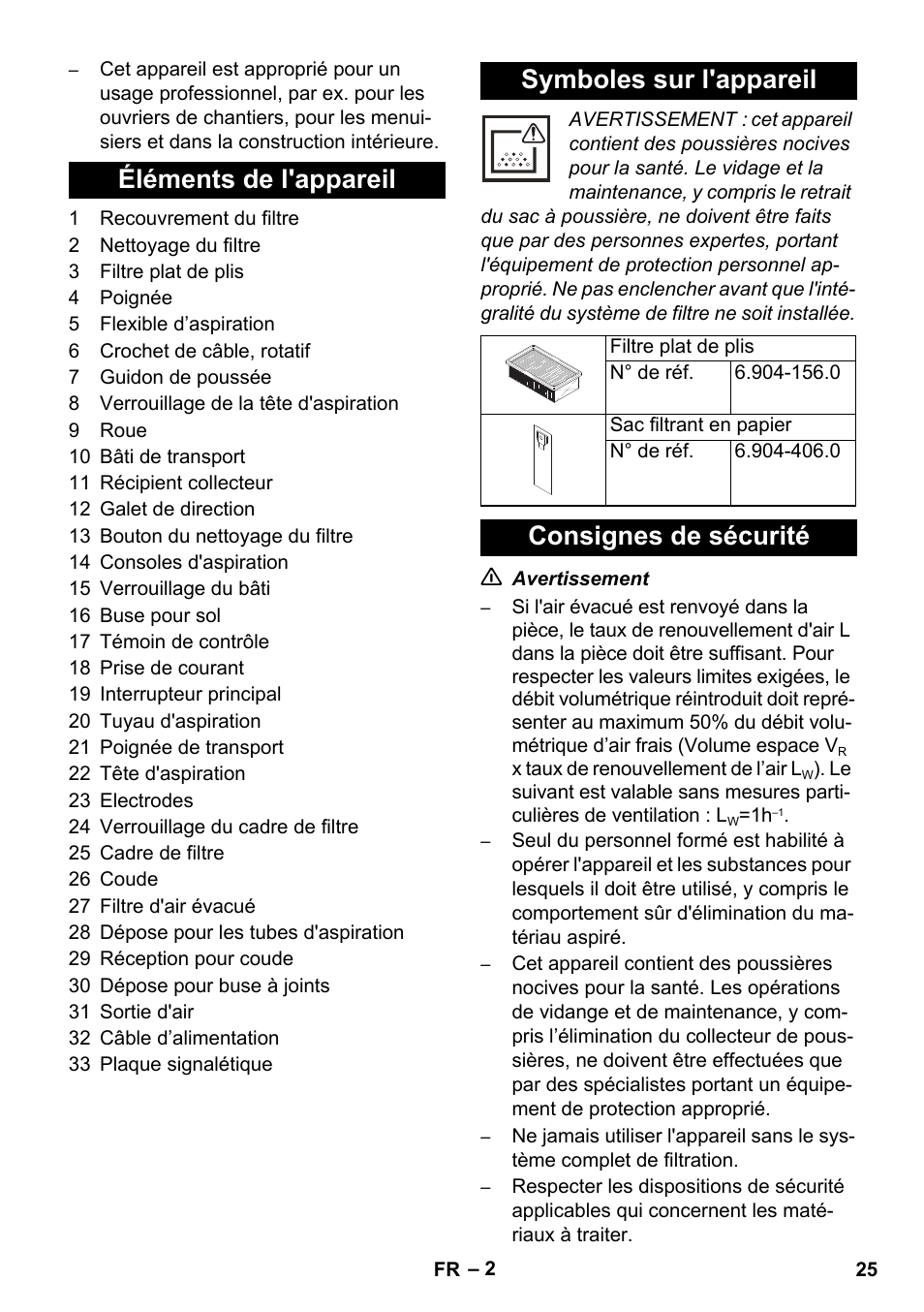 Éléments de l'appareil symboles sur l'appareil, Consignes de sécurité | Karcher NT 14-1 Ap Te Adv L User Manual | Page 25 / 248