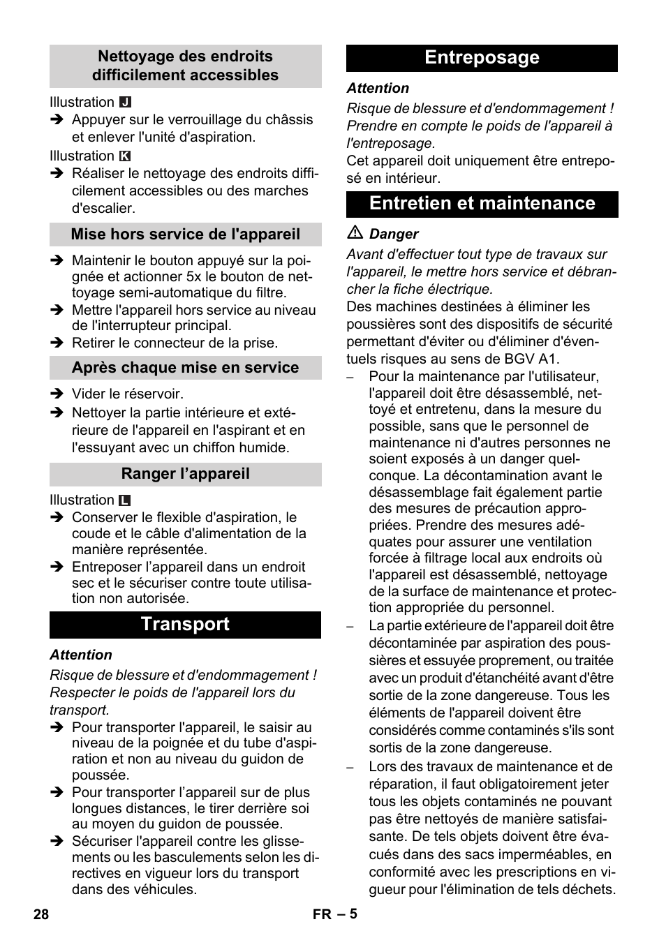 Transport entreposage entretien et maintenance | Karcher NT 14-1 Ap Te Adv L User Manual | Page 28 / 248