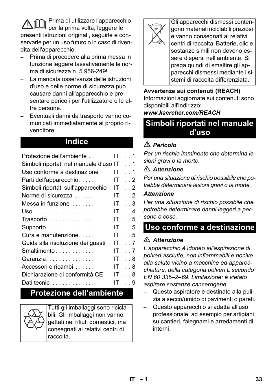 Italiano, Indice, Protezione dell’ambiente | Karcher NT 14-1 Ap Te Adv L User Manual | Page 33 / 248