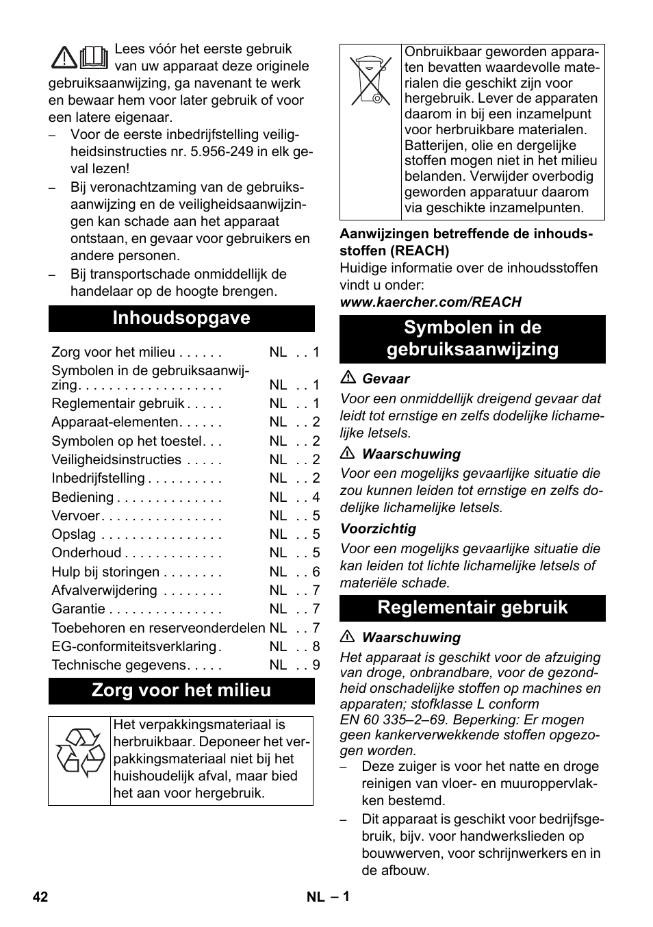 Nederlands, Inhoudsopgave, Zorg voor het milieu | Karcher NT 14-1 Ap Te Adv L User Manual | Page 42 / 248