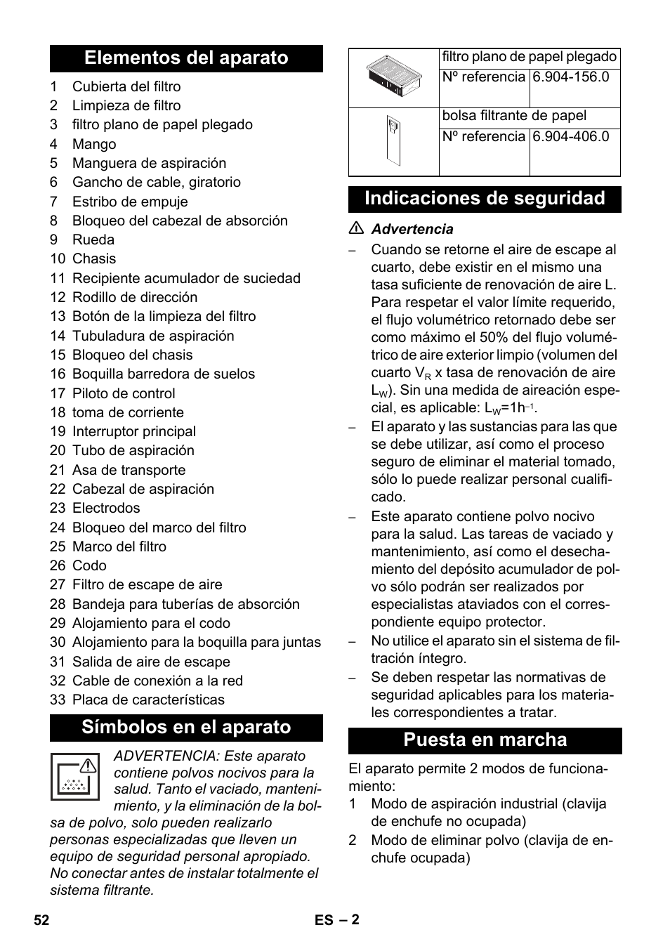 Elementos del aparato símbolos en el aparato, Indicaciones de seguridad puesta en marcha | Karcher NT 14-1 Ap Te Adv L User Manual | Page 52 / 248