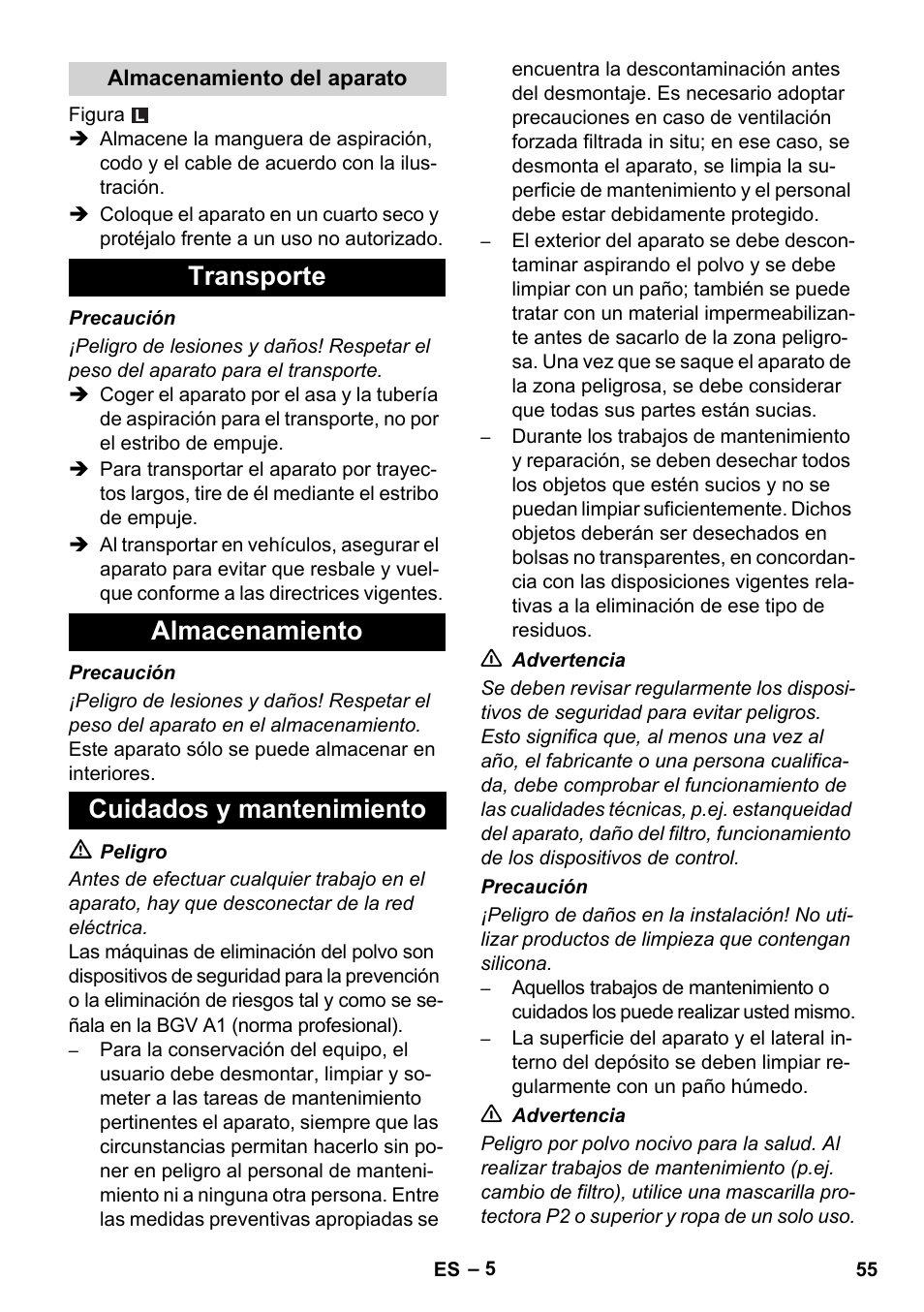 Transporte almacenamiento cuidados y mantenimiento | Karcher NT 14-1 Ap Te Adv L User Manual | Page 55 / 248