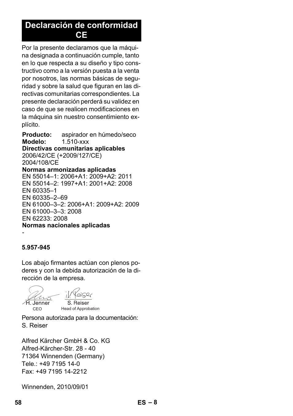 Declaración de conformidad ce | Karcher NT 14-1 Ap Te Adv L User Manual | Page 58 / 248