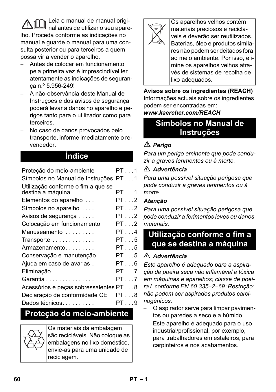 Português, Índice, Proteção do meio-ambiente | Karcher NT 14-1 Ap Te Adv L User Manual | Page 60 / 248