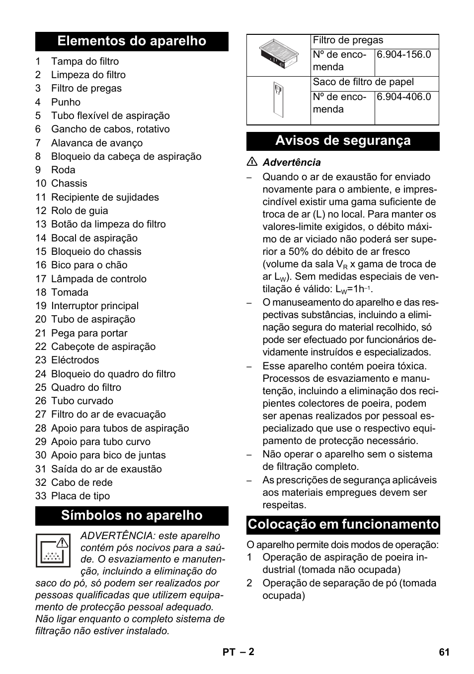 Elementos do aparelho símbolos no aparelho, Avisos de segurança colocação em funcionamento | Karcher NT 14-1 Ap Te Adv L User Manual | Page 61 / 248