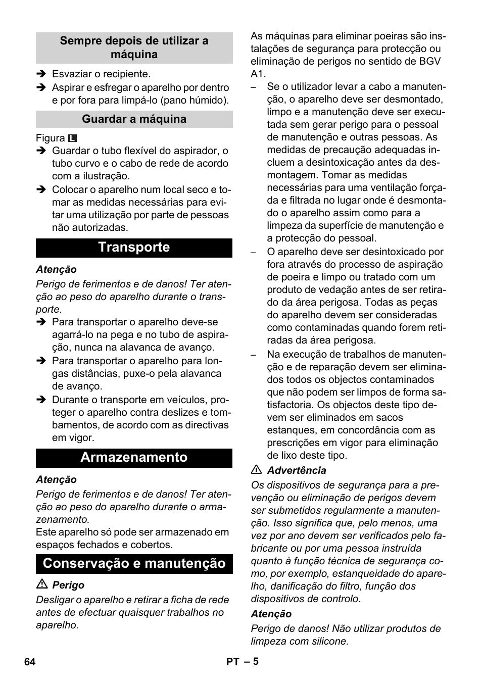 Transporte armazenamento conservação e manutenção | Karcher NT 14-1 Ap Te Adv L User Manual | Page 64 / 248