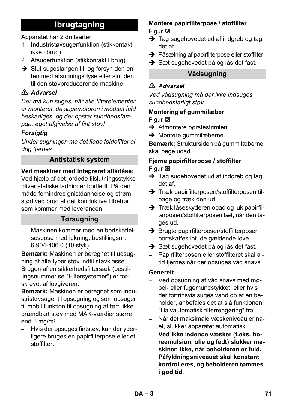 Ibrugtagning | Karcher NT 14-1 Ap Te Adv L User Manual | Page 71 / 248