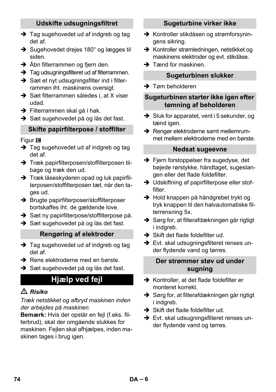 Hjælp ved fejl | Karcher NT 14-1 Ap Te Adv L User Manual | Page 74 / 248