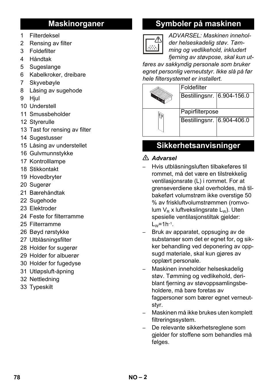 Maskinorganer symboler på maskinen, Sikkerhetsanvisninger | Karcher NT 14-1 Ap Te Adv L User Manual | Page 78 / 248