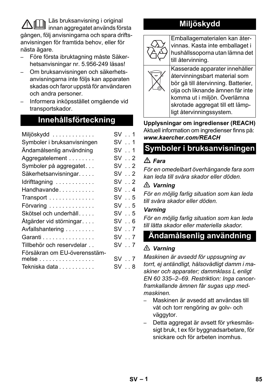 Svenska, Innehållsförteckning, Miljöskydd | Karcher NT 14-1 Ap Te Adv L User Manual | Page 85 / 248