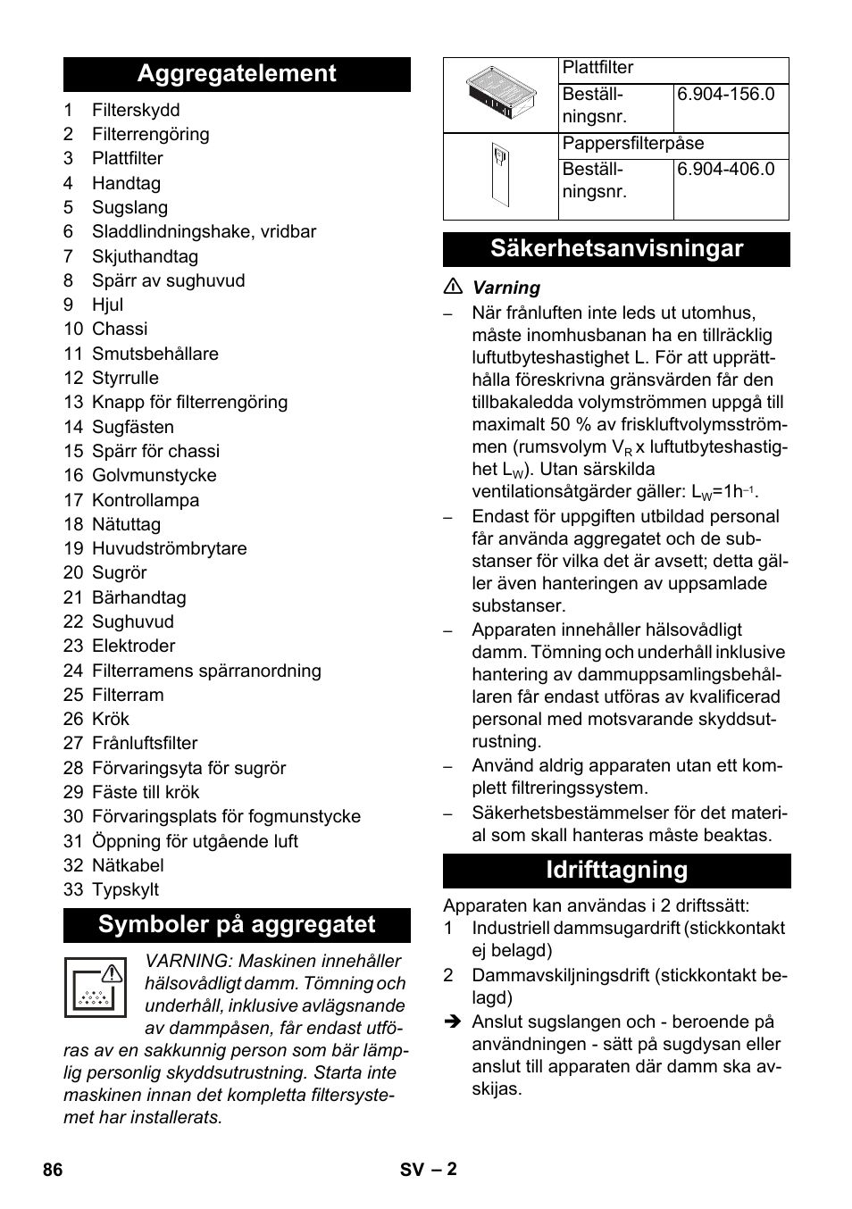 Aggregatelement symboler på aggregatet, Säkerhetsanvisningar idrifttagning | Karcher NT 14-1 Ap Te Adv L User Manual | Page 86 / 248