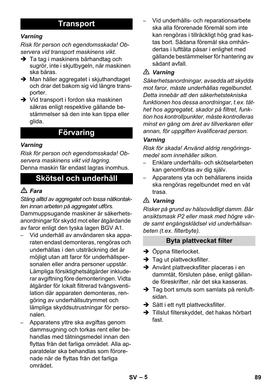 Transport förvaring skötsel och underhåll | Karcher NT 14-1 Ap Te Adv L User Manual | Page 89 / 248