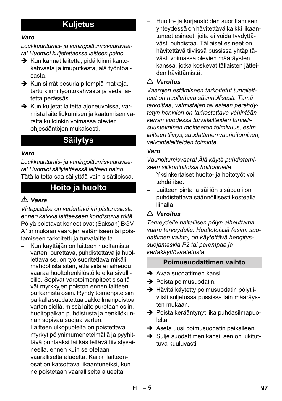 Kuljetus säilytys hoito ja huolto | Karcher NT 14-1 Ap Te Adv L User Manual | Page 97 / 248