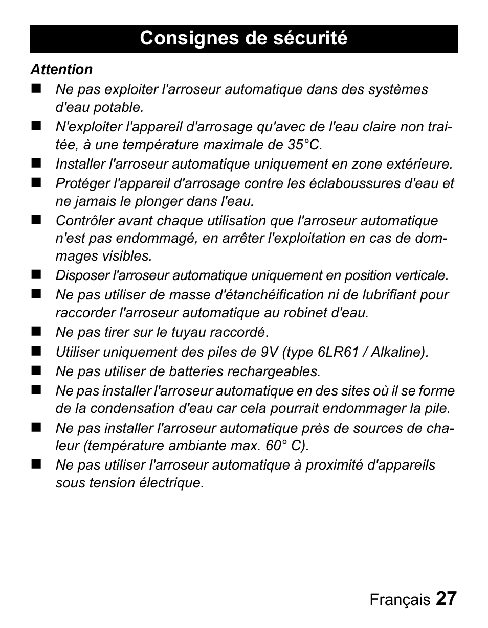 Consignes de sécurité | Karcher Centralina irrigazione WT 4-000 User Manual | Page 27 / 86