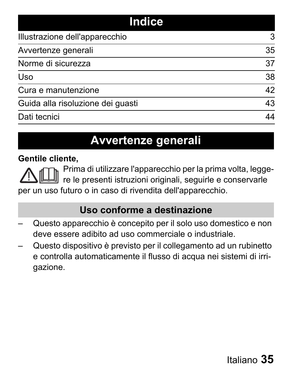 Indice, Avvertenze generali | Karcher Centralina irrigazione WT 4-000 User Manual | Page 35 / 86