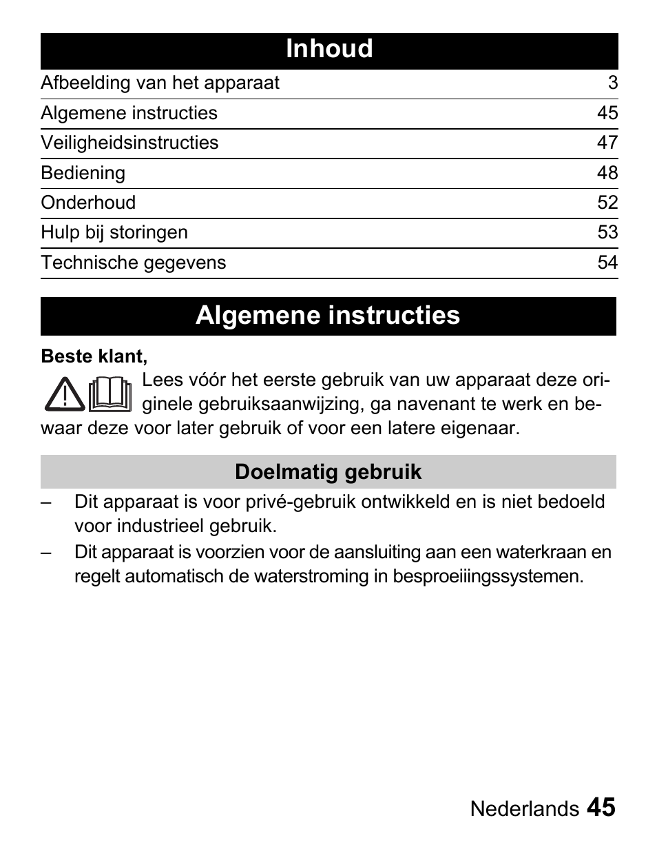 Inhoud, Algemene instructies | Karcher Centralina irrigazione WT 4-000 User Manual | Page 45 / 86