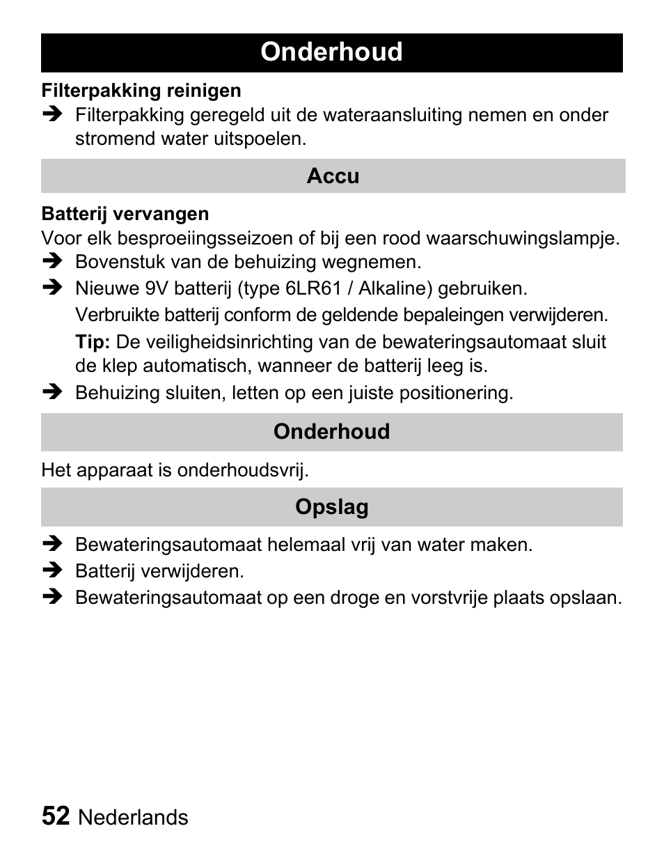 Onderhoud | Karcher Centralina irrigazione WT 4-000 User Manual | Page 52 / 86