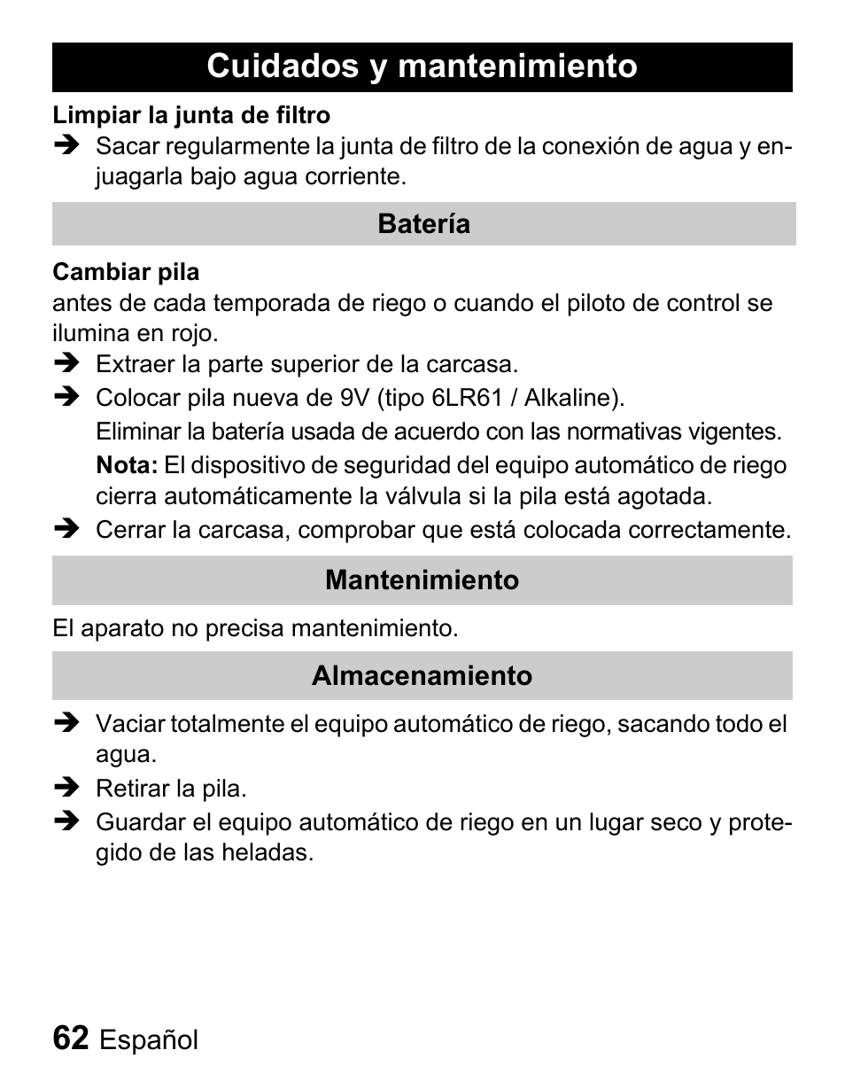 Cuidados y mantenimiento | Karcher Centralina irrigazione WT 4-000 User Manual | Page 62 / 86