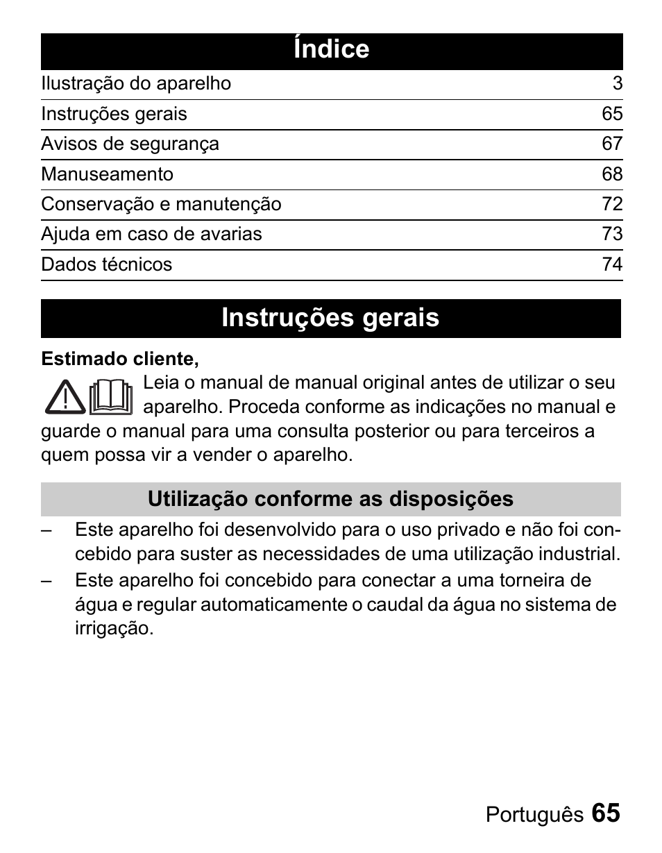 Índice, Instruções gerais | Karcher Centralina irrigazione WT 4-000 User Manual | Page 65 / 86