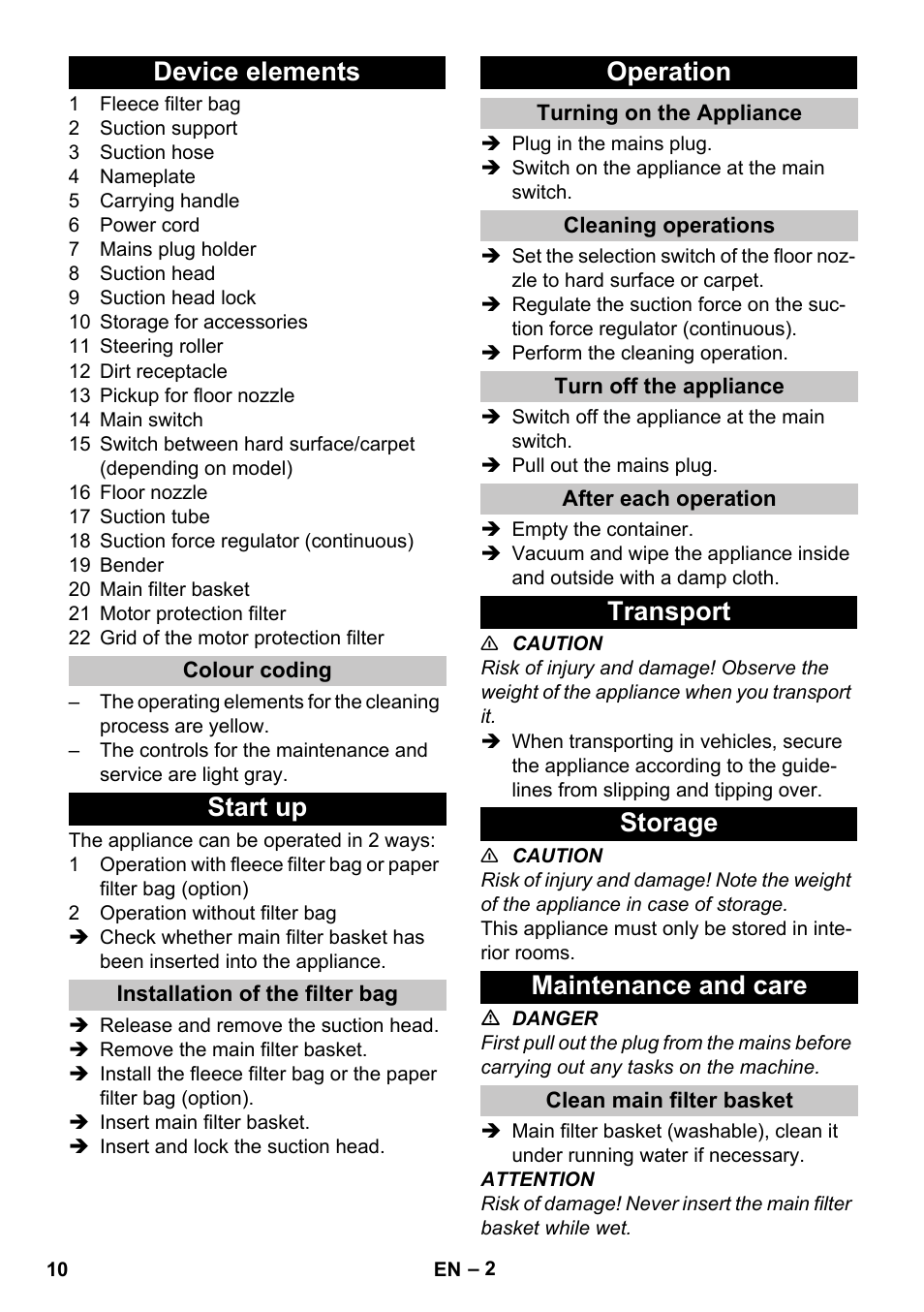 Device elements, Colour coding, Start up | Installation of the filter bag, Operation, Turning on the appliance, Cleaning operations, Turn off the appliance, After each operation, Transport | Karcher T 10-1 Adv User Manual | Page 10 / 144